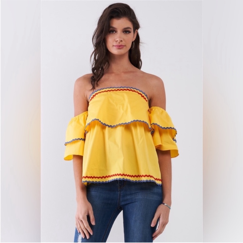 Cinco De Mayo SugarLips Fiesta Yellow Pop Off Shoulder Ruffle Trim Sz Small